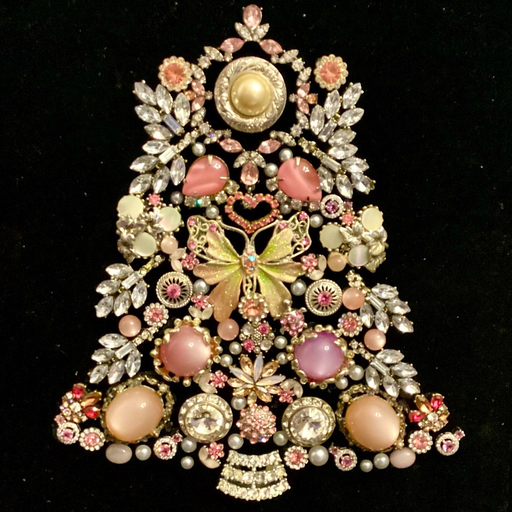 Spectacular pink gem, jeweled Christmas tree set on black velvet